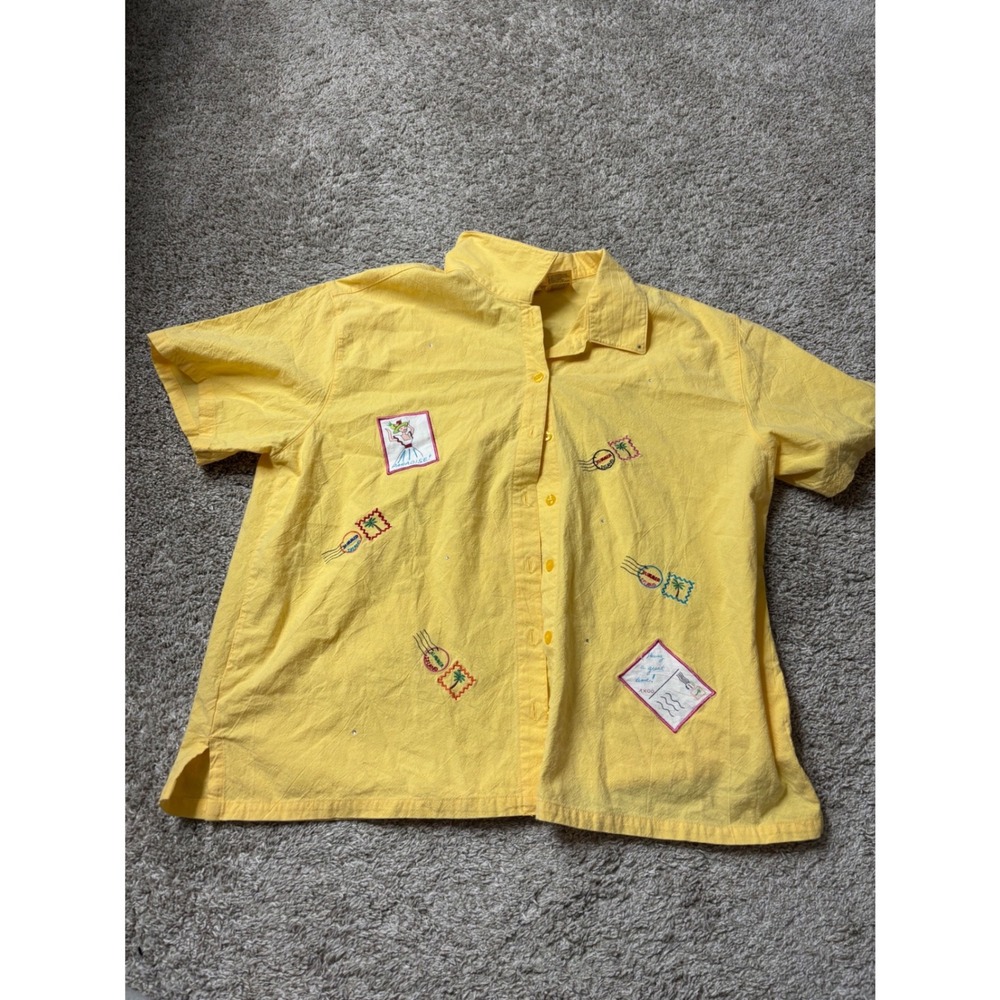 Bobbie Brooks Yellow Cotton Embroidered Tropical Postcard Button Down Shirt XL